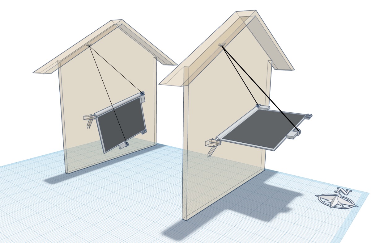 Design render of the tracker at two times of day: a panel suspended on cables from the eave of a house, steeply angled in one view and close to horizontal in the other.